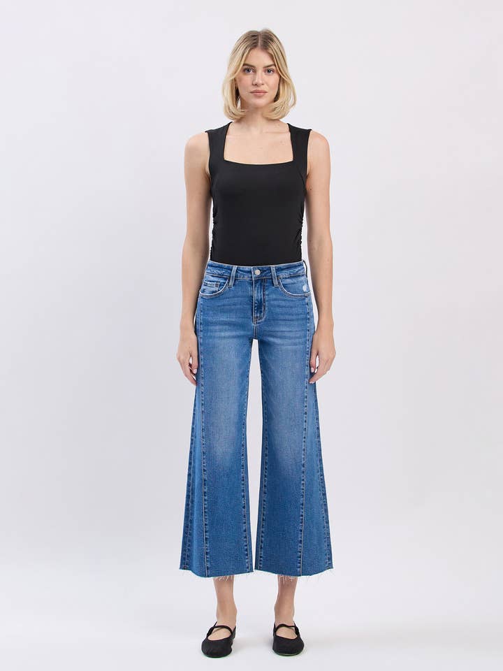 HIGH RISE RAW HEM TWIST WIDE JEANS V3629 for wholesale by VERVET by FLYING MONKEY