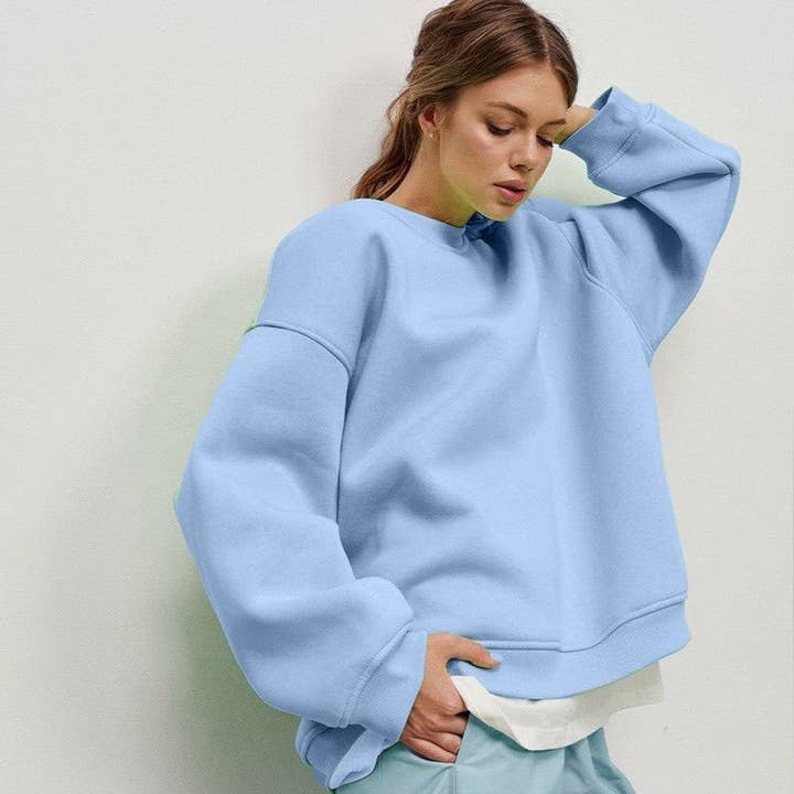 UZ Wholesale Store - Wholesale Sweatshirt - Women's - Casual Loose Fit Solid Color Crewneck Cotton Sweatshirt