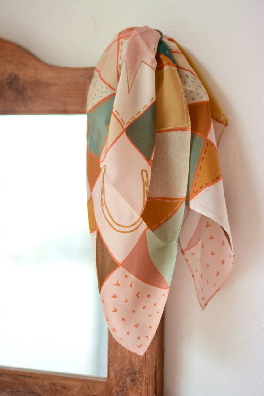 Tirzah Lane Art - Wholesale Scarf - Women's - Western Horseshoe Vintage Ranching Patchwork Quilt Silk Wild Rag Scarf Holiday Gift1