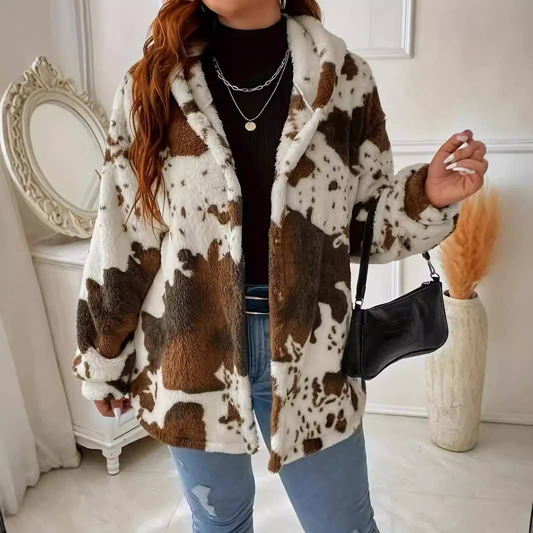 BROWN FASHION PLUSH FEMALE COW PRINT ZIPPER HOODIE for wholesale on Faire1