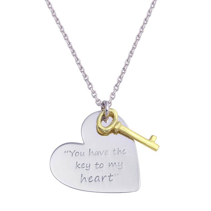 Rhodium Plated Heart with Gold Key Necklace - SOP00110CFJ for wholesale by Custom Fashion Jewels
