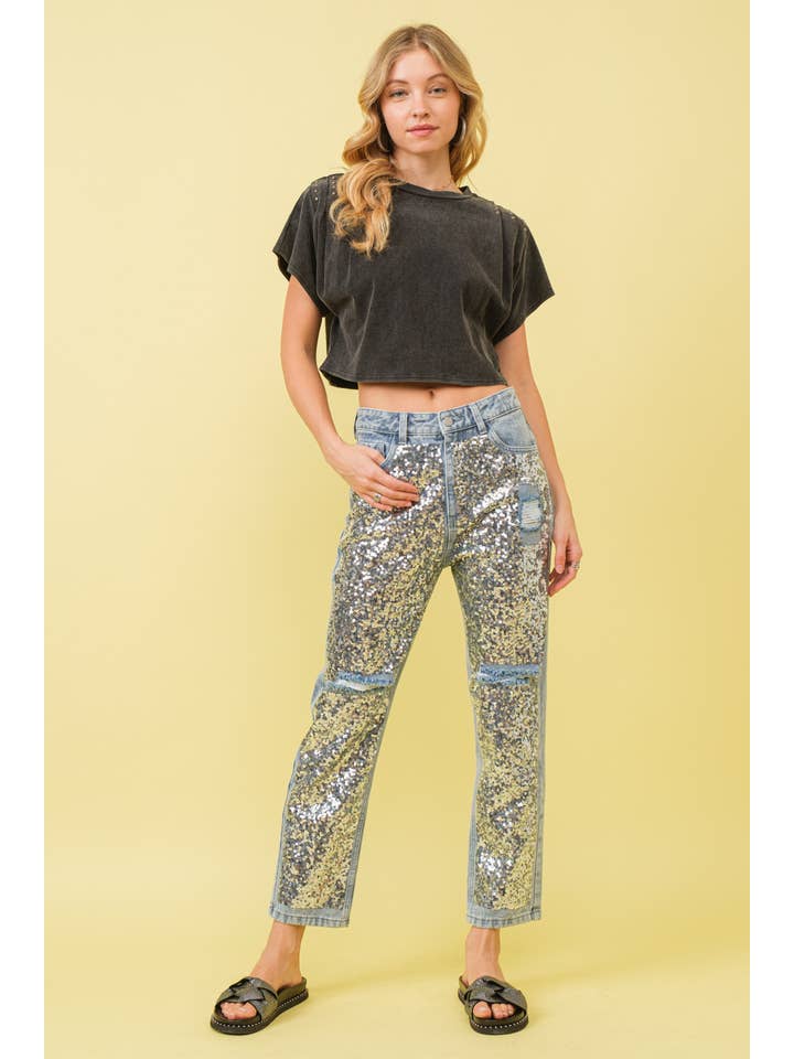 SILVER LIGHT WASH 34546P - Sequin Sprinkled Denim Jeans for wholesale on Faire