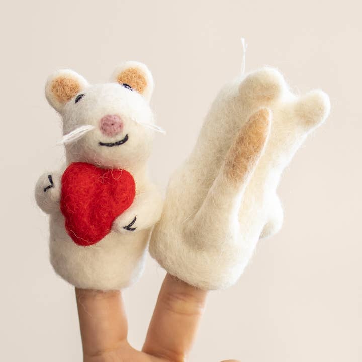 Mouse Heart Finger Puppet, Needle Felted, 100% Wool for wholesale by Everest Pet Supply & Gifts