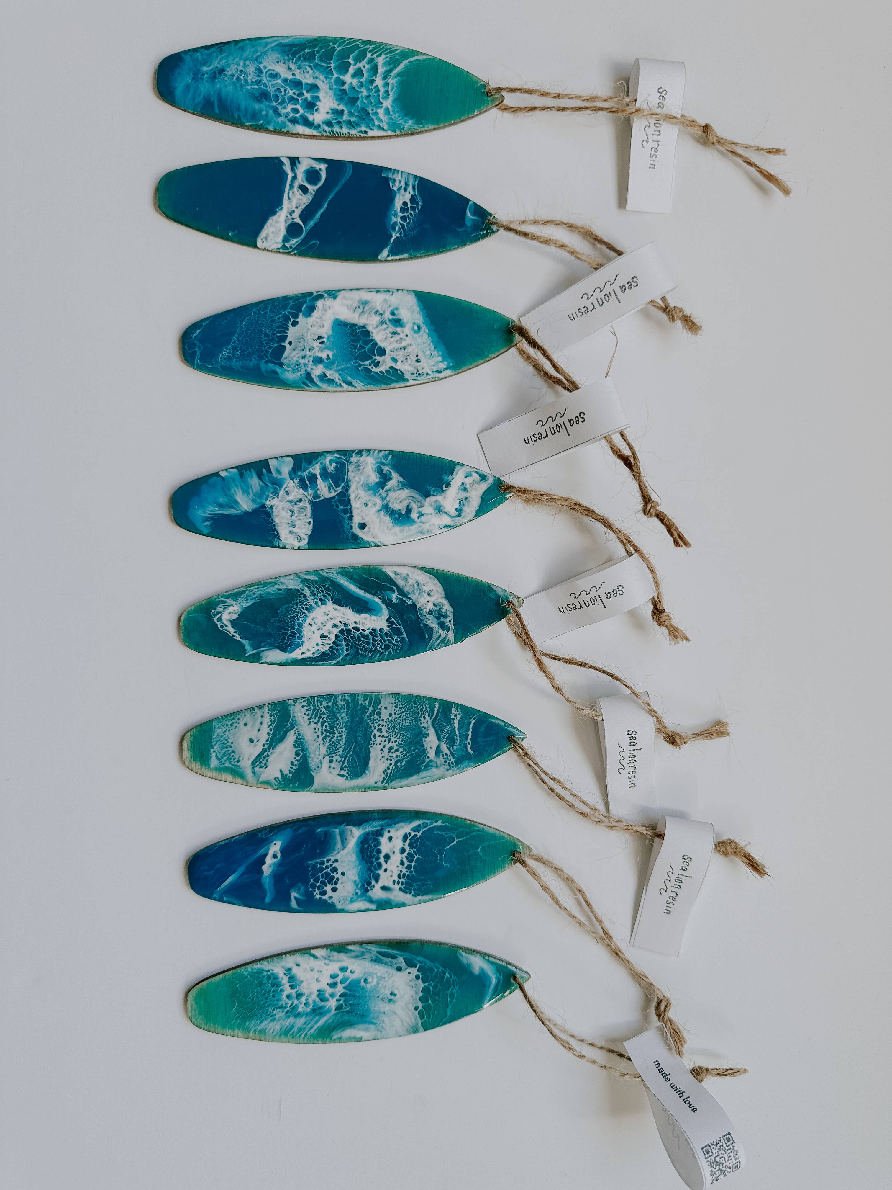 SeaLion Resin - Wholesale Ornament - Surfboard Ornament birch wood and ocean wave resin beach6