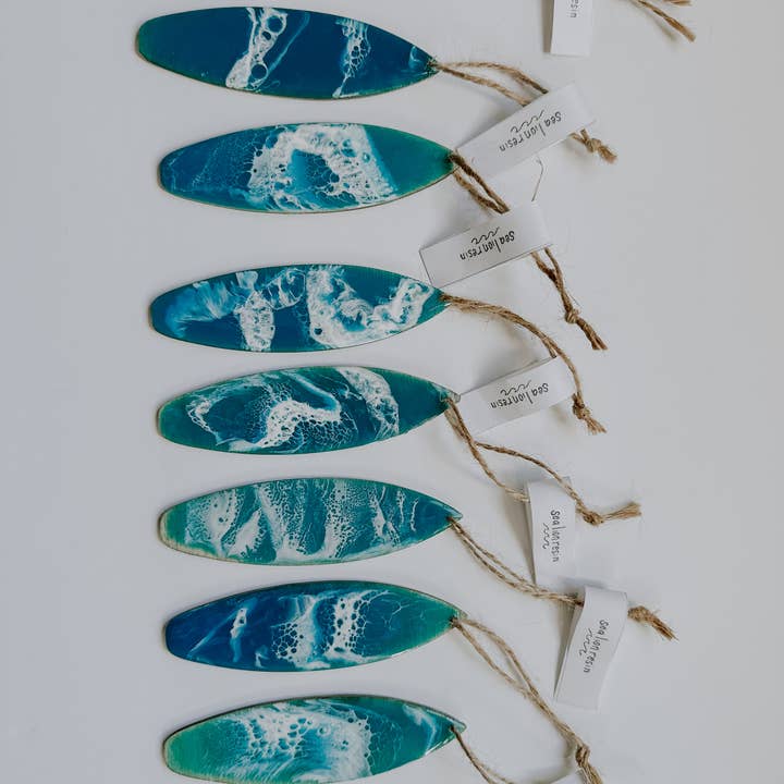 SeaLion Resin - Wholesale Ornament - Surfboard Ornament birch wood and ocean wave resin beach6
