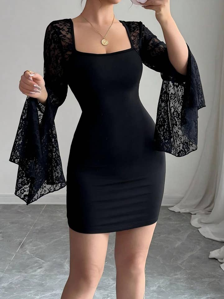 Black Autumn High-Waisted Square-Neck Dress with Lace Trim for wholesale on Faire0