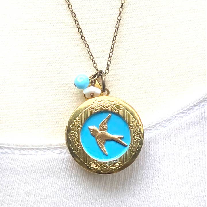 Red Truck Designs - Wholesale Locket Necklace - Bird Locket Gold Light Blue Woodland Charm Locket 22"