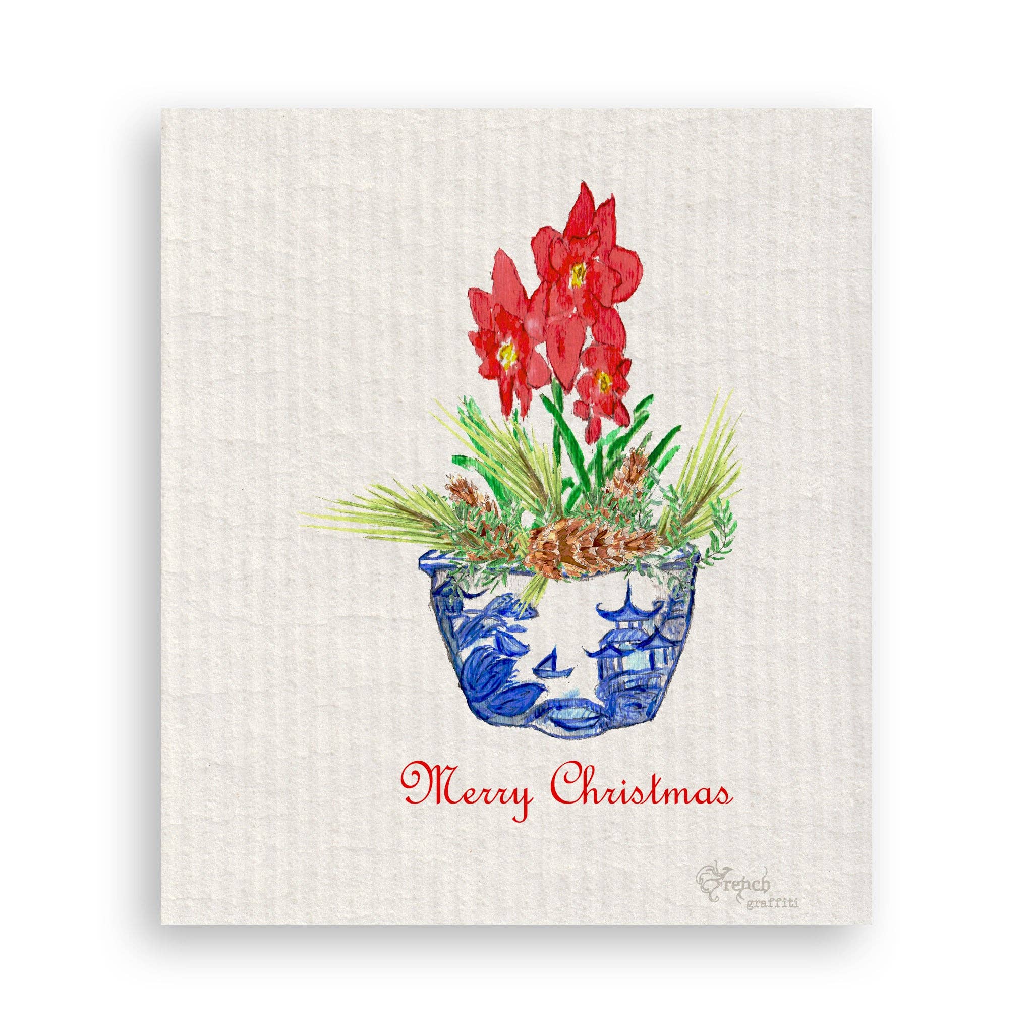 French Graffiti - Wholesale Tea Towel - Blue & White Bowl with Christmas Flower16