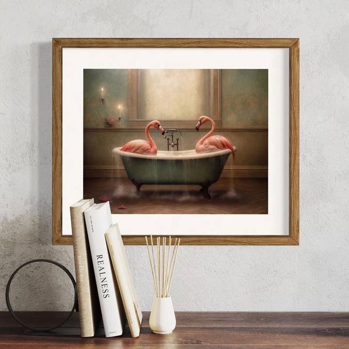 Salty Alyce - Venta al por mayor Ilustración - Flamencos en la bañera – Impresión artística de cuento AXS132