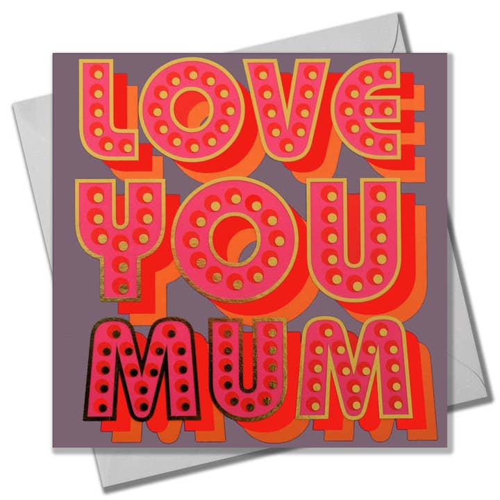 Mors dag-kort, Älskar dig mamma, text folierad i glänsande guld för wholesale av Claire Giles Ltd