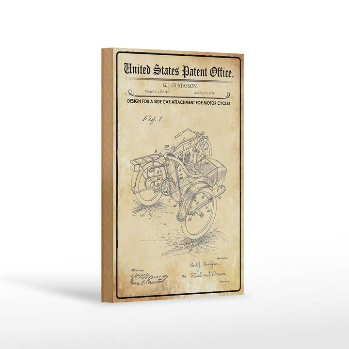 Wooden Sign Patent 12x18cm Design for a Motorcycle Sidecar for wholesale by Femer