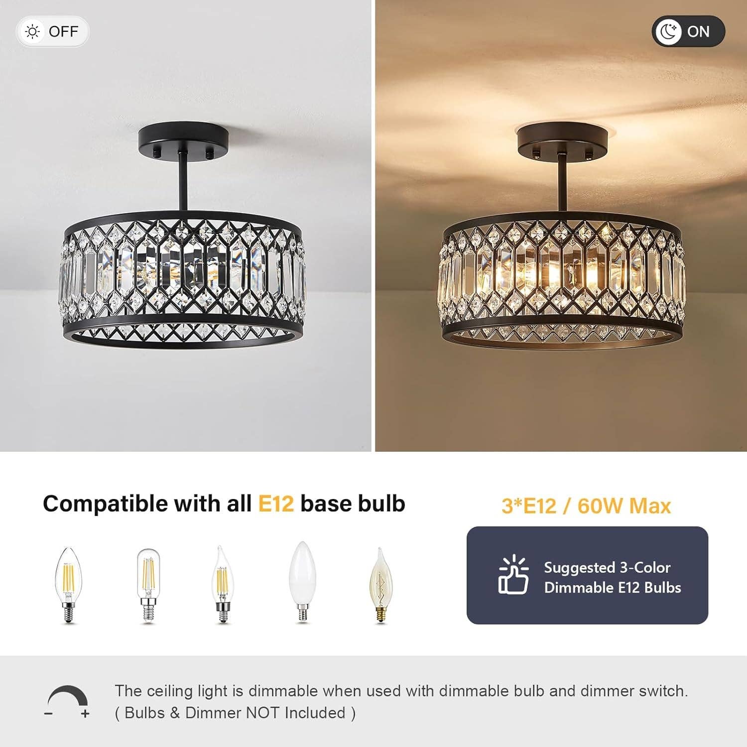 Crystal Black Three Light Semi Flush Mount Ceiling Light for wholesale on Faire5