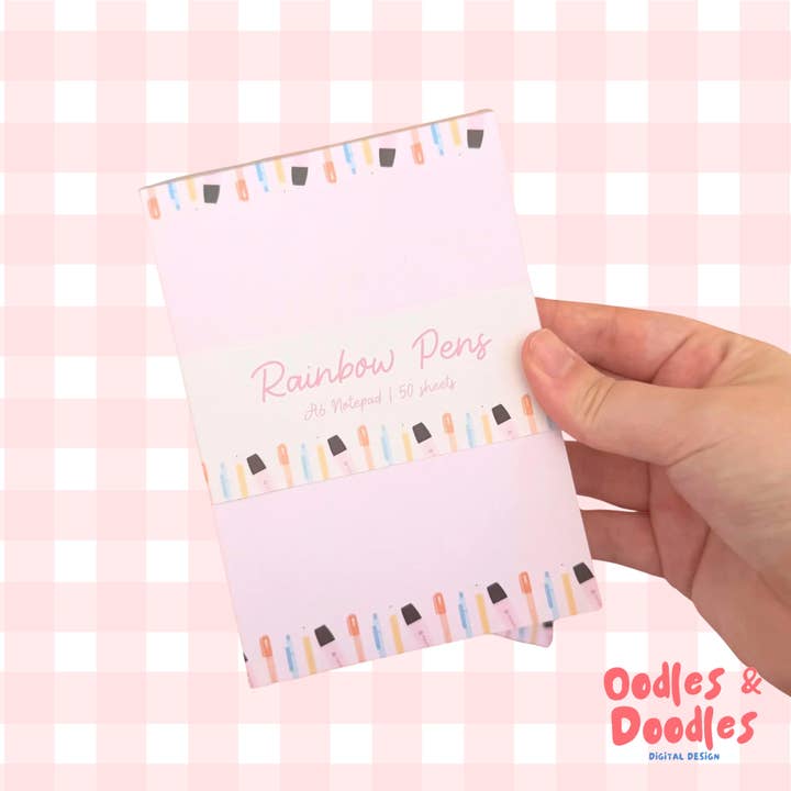 A6 Rainbow Pens Notepad: Kawaii Pastel Stationery for wholesale by Oodles & Doodles