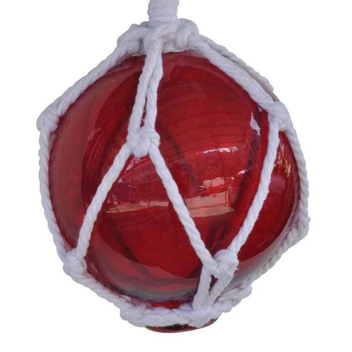 Hampton Nautical - Wholesale Tafelbladdecoratie - Rode Japanse Glazen Bal Vissen Vlotter Met Witte Netting Decoratie 6"