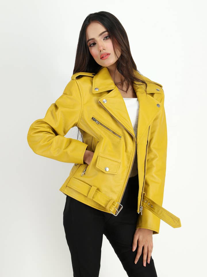 Giallo Giacca in pelle di vacchetta da donna Moto Style in vendita all'ingrosso su Faire4