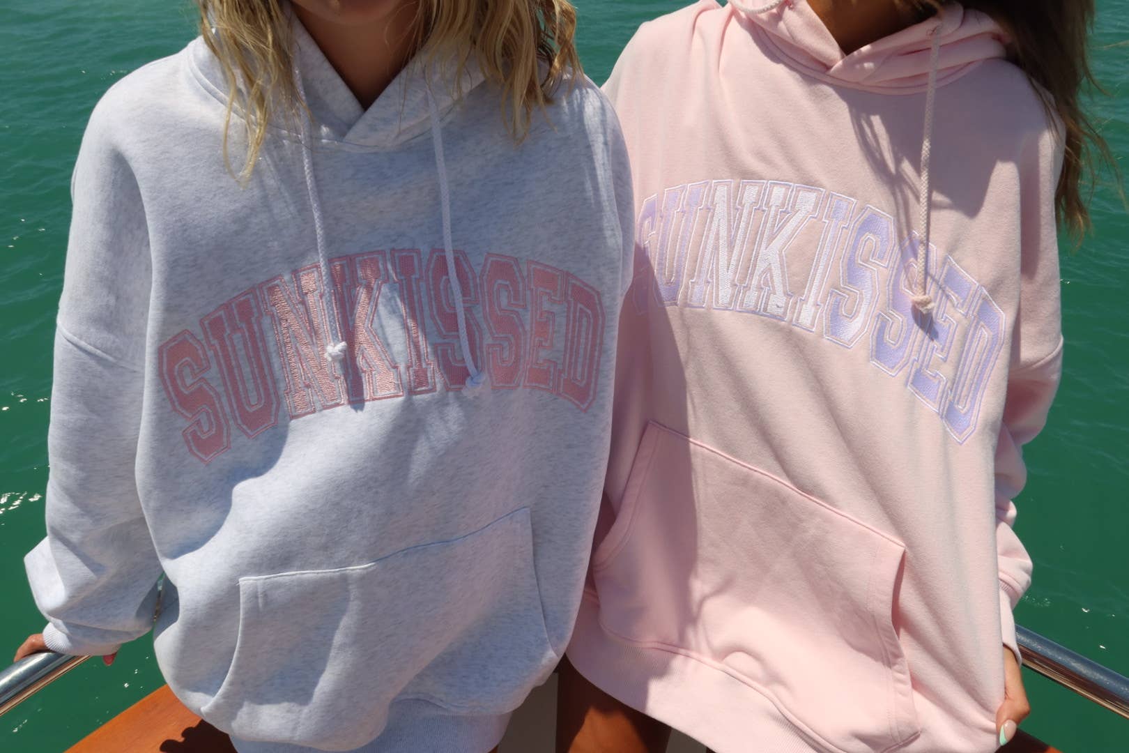 Pearl Grey w/ Pink Thread Sunkissed Varsity Embroider Hoodie for wholesale on Faire3