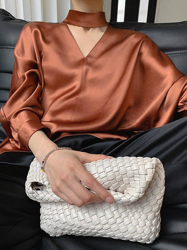 KK Bloom - Wholesale Blouse - Women's - Long Sleeves Loose Hollow Shiny Solid Color V-Neck Blouses&Shirts Tops