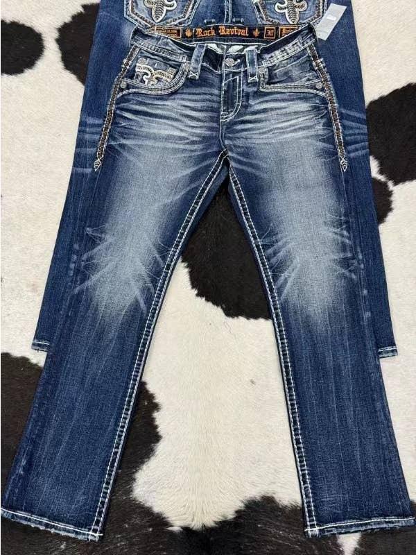 Blue Vintage Washed High Elastic Embroidery Flared Women's Jeans for wholesale on Faire