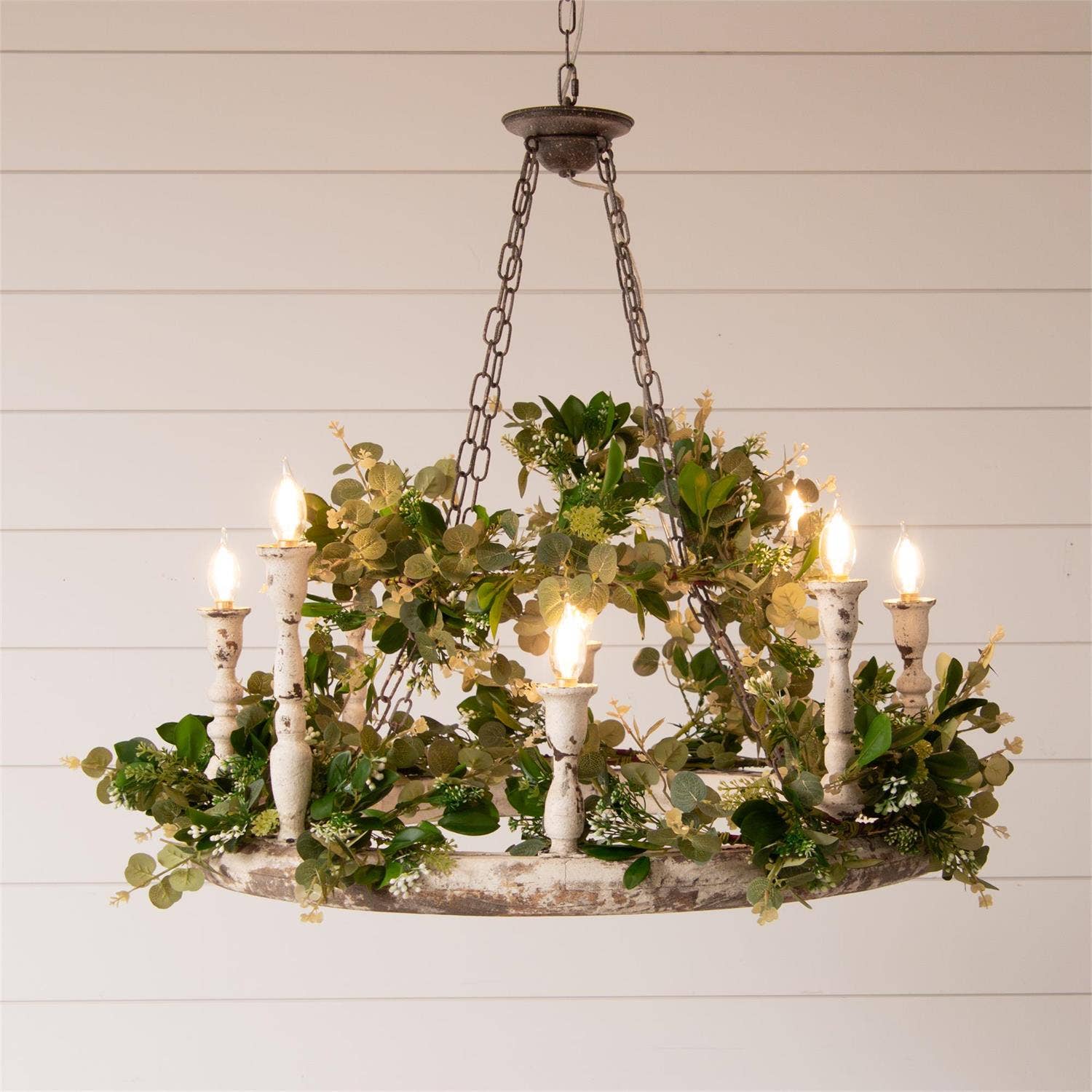 Audrey's Home & Gift - Vente Lustre/Suspension - Lustre en forme de roue de wagon à 6 lumières, blanc vieilli (PC)2