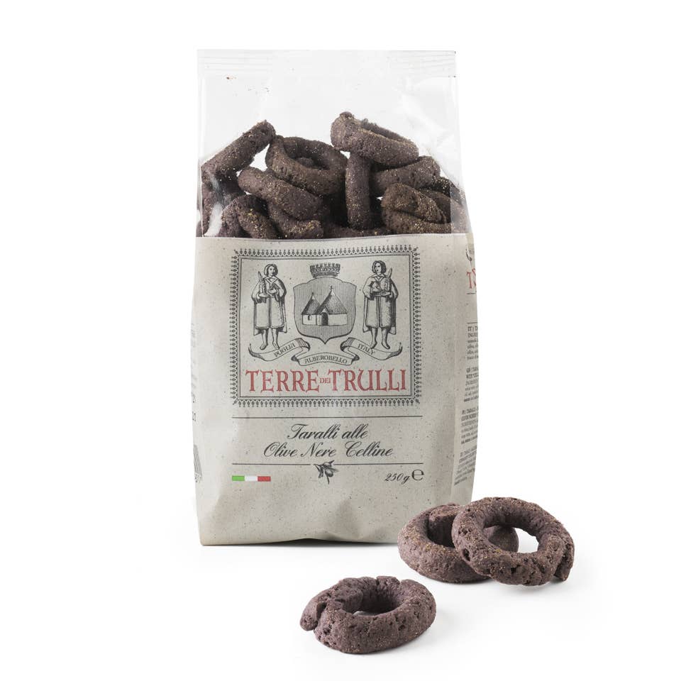 Terre dei Trulli - Wholesale Gepofte snack - Celline zwarte olijf taralli 250 g - typisch Italiaanse snack1