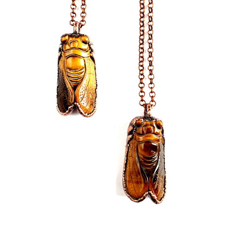 MergingMetals - Wholesale Pendant/Charm Necklace - Tiger Eye Carved Cicada Necklace1