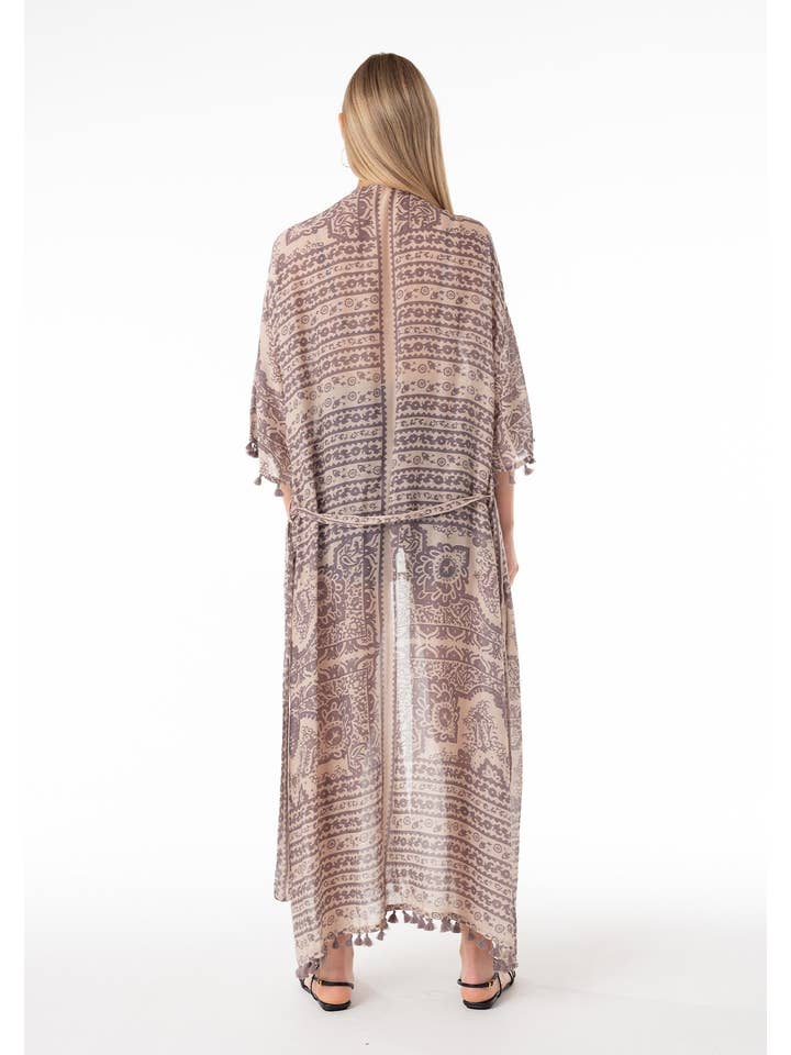 Natural Grey Sheer Printed Tie Front Maxi Kimono Robe for wholesale on Faire
