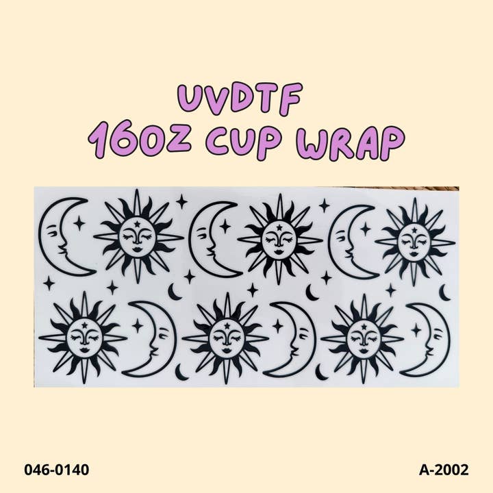UVDTF bekeromslag retro zwarte maan en zon gezicht met ster 16oz voor wholesale door Weavey Studio