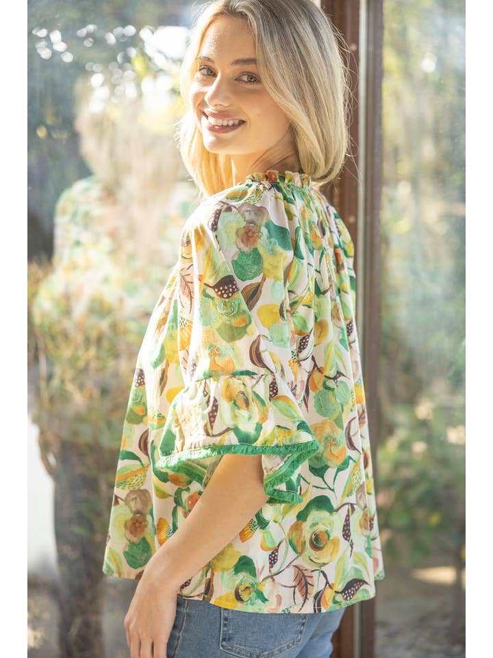 Green 35203 Fringe Detailed Loose Sleeve Floral Print Top for wholesale on Faire7