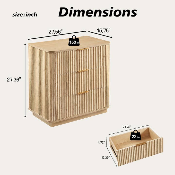 39F Inc. - Wholesale Cabinet - 2PCS Oak 3-Drawer Dressers (27.6"W) - Curved Wave Design5