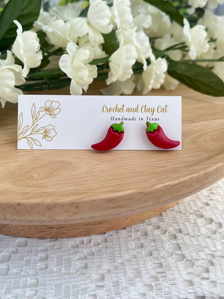 Spicy Chili Pepper Stud Earrings for wholesale by Crochet and Clay Cat