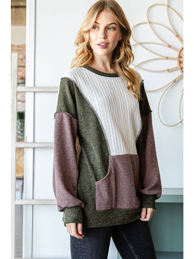 7th Ray - Wholesale Sweatshirt - Women's - Color Block Front Pocket Drop Shoulder Banded Hem Top T5348