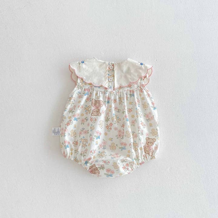 Beige Summer Arrival Baby Girls Cute Teddy and Flowers Pattern Sleeveless bodysuit for wholesale on Faire1