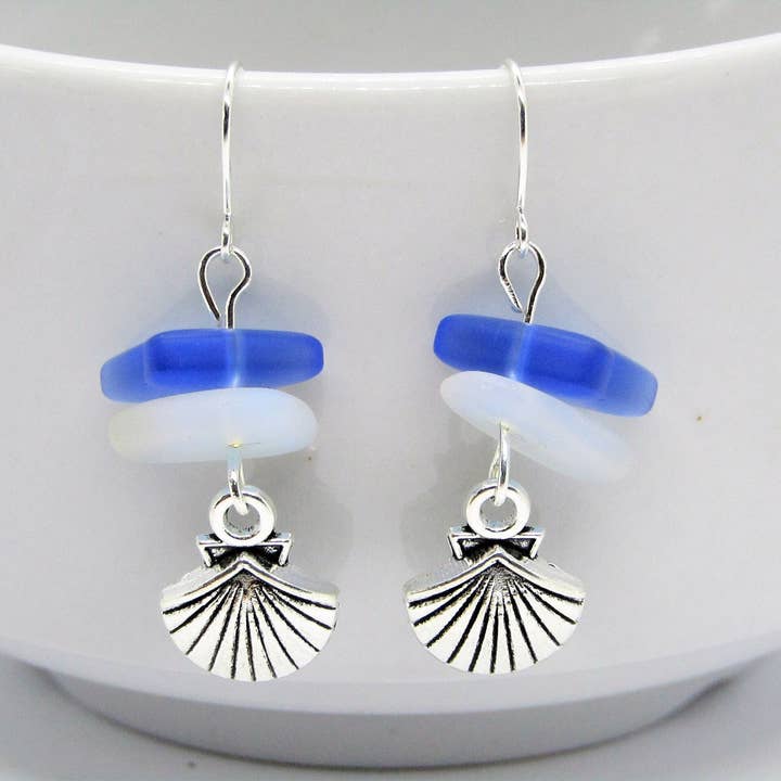 Bad Apple Designs - Wholesale Dangle Earrings - Frosted Sea Glass Earrings with Moonstone & Sapphire0