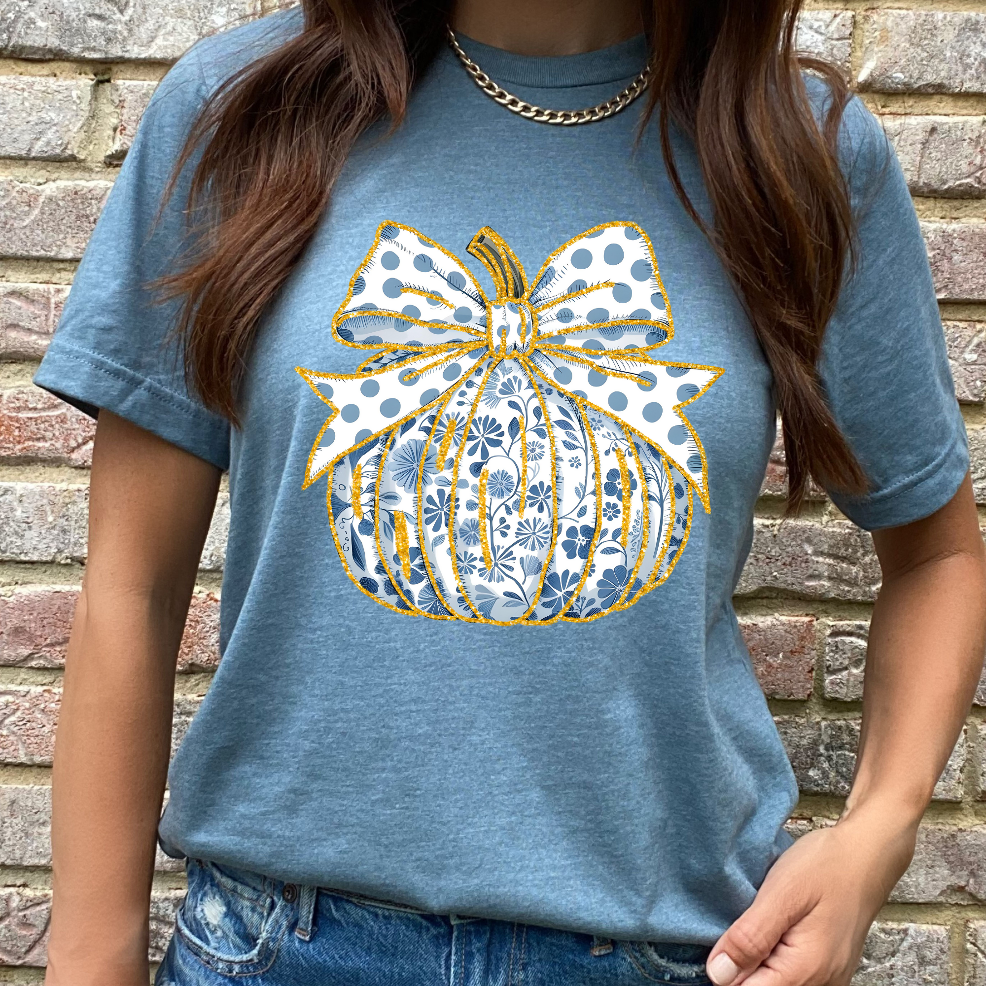 Dixie Grace Mercantile - Wholesale Screen Printed T-Shirt - Women's - Blue and White Floral Pumpkin Graphic Tee1