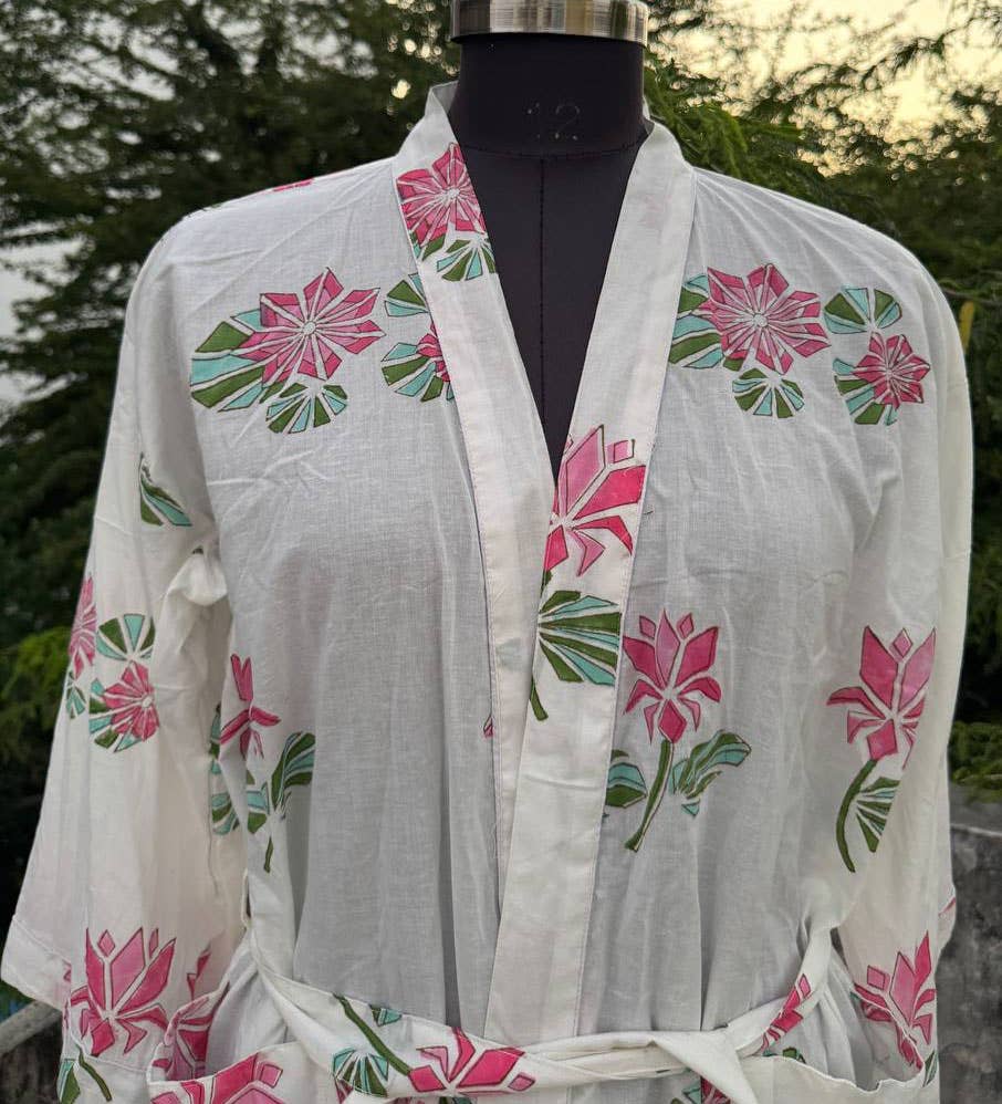 bhavnas boutique – wholesale Robe – Women's – White Color Block Print Kimono Robe Cotton Vintage Robes  2