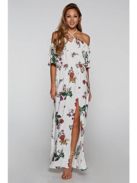 Vanilla Combo Floral Halter Neck Off The Shoulder Maxi Dress for wholesale on Faire