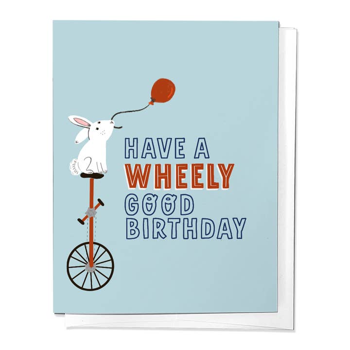 Have A Wheely Good Birthday, Rabbit on a Bike Greeting Card for wholesale by Parcel Island