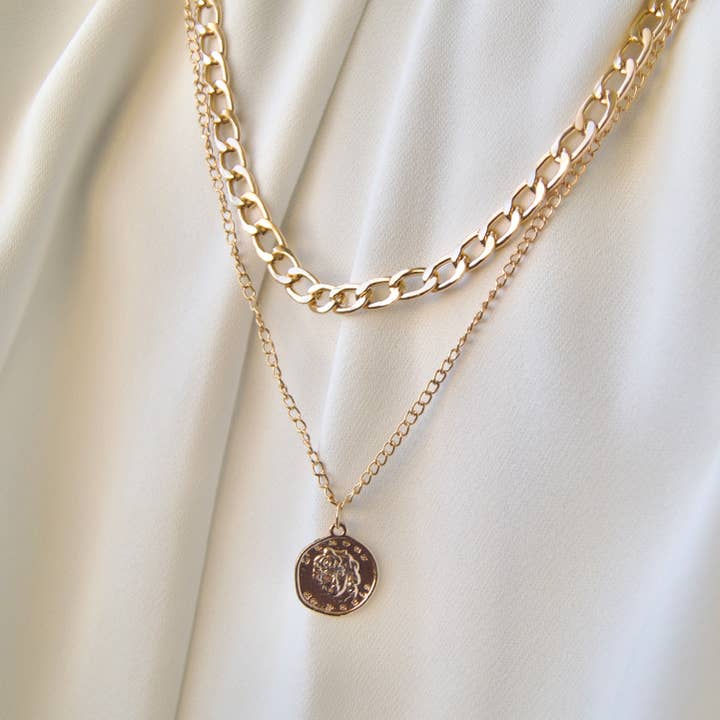 Layered Chunky Curb Chain & Lion Medallion Necklace for wholesale by EAST INDIA IMPORTS