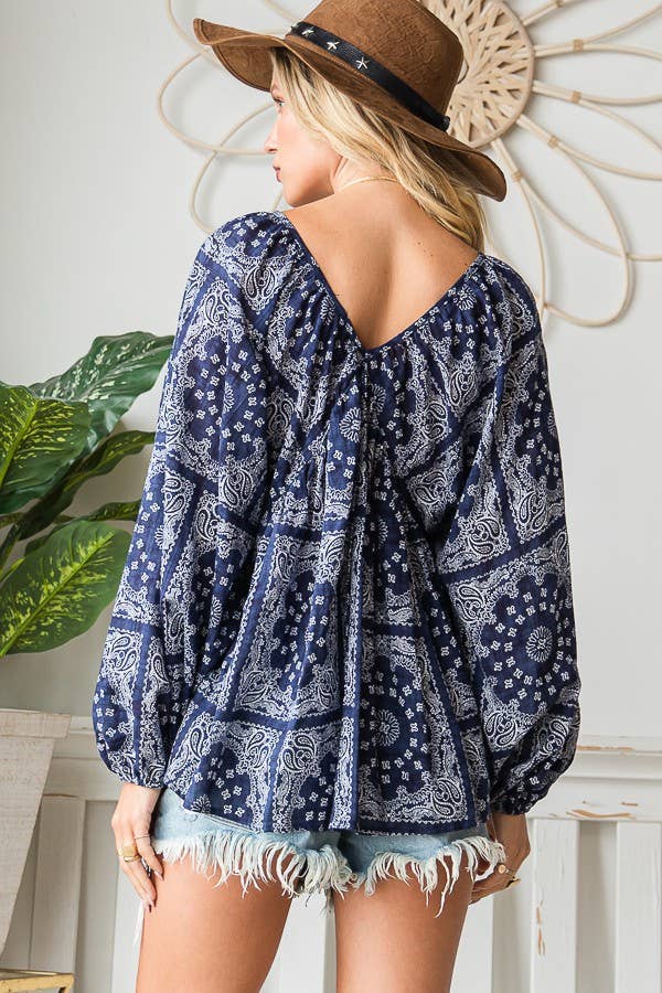 BUCKETLIST OUTLET - Wholesale Blouse - Women's - T1190F OUTLET SALE Bandana Puff Sleeve Flowy Babydoll Top5