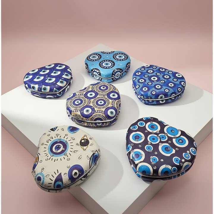 Arya Jewellery Wholesale – wholesale Compact mirror – Evil Eye Heart Shape Sparkly Compact Mirrors Pack of 12
