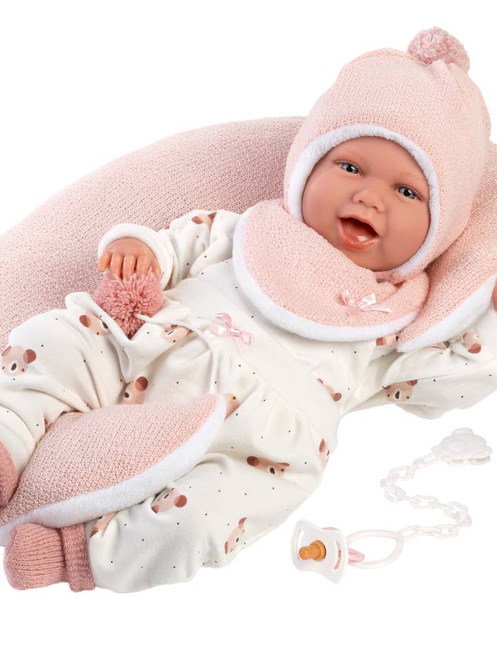 Poupée Nouveau-né Rieuse Mackenzie de 16,5" avec Corps Souple et Coussin pour la vente par Llorens