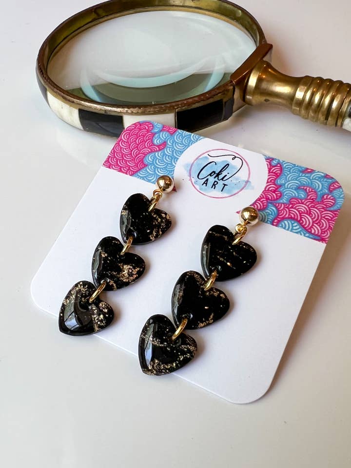 Heart Dangle Black & Gold Earrings | Handmade for wholesale by Coki Art