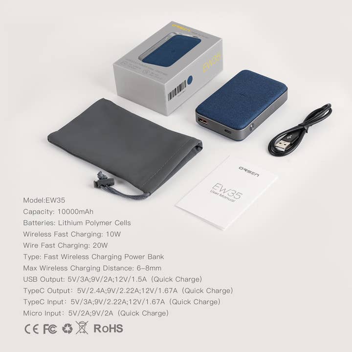 Azul Banco de energía inalámbrico ORSEN EW35, PD 18W, 10000mAh, 10W, negro de venta al por mayor en Faire12