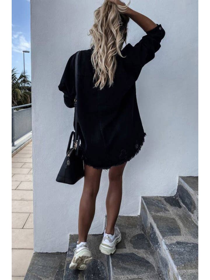 UNISHE - Venta al por mayor Sobrecamisa - Mujer - Chaqueta vaquera rasgada con dobladillo crudo TOPW4311