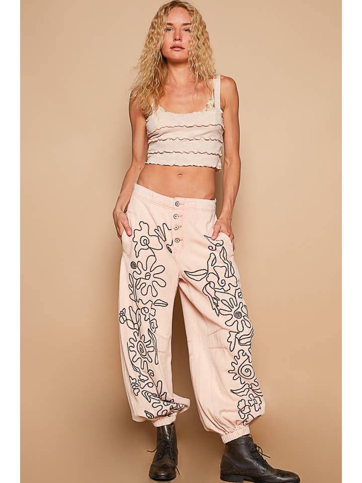 Pol Clothing - Wholesale Pants - Women's - Floral embroidered pattern solid twill pants