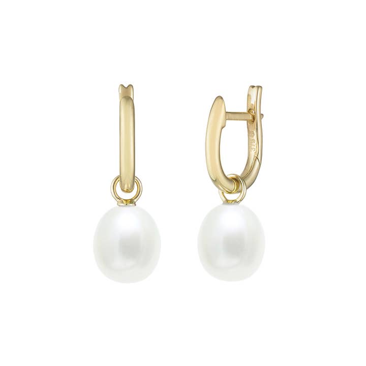 Gold Pearl Drop Huggie Earrings for wholesale by Kirsty Taylor Goldsmiths