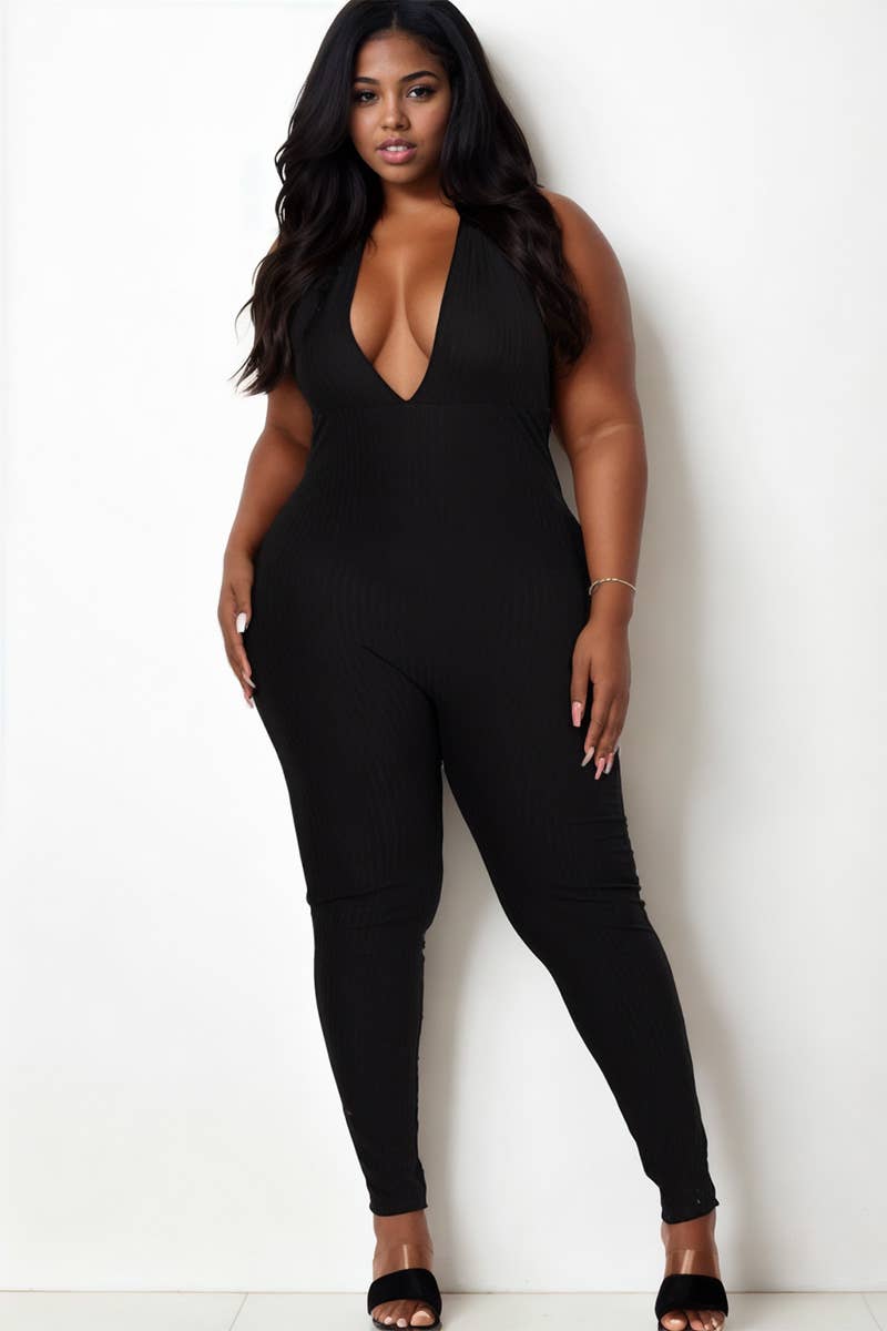 CAPELLA APPAREL - Wholesale Jumpsuit - Women's - Plus Size Halter V Neck Ribbed Bodycon Jumpsuit