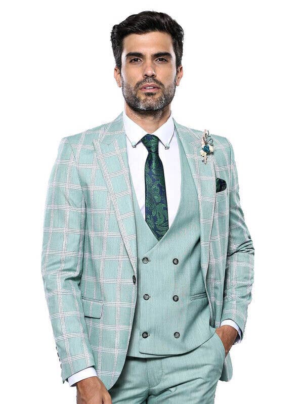 Checked Light Green Vested Suit | Wessi for wholesale on Faire0