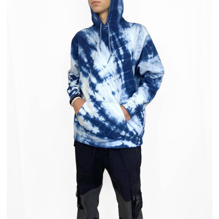 Moletom com capuz de algodão orgânico em corante índigo japonês “Under The Sea” por atacado de TJ Indigo Clothing Co.