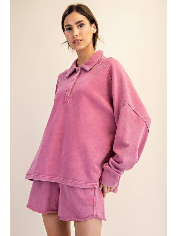 Sunday Morning - Wholesale Sweatshirt - Women's - T170037 LONG SLEEVE MINERAL WASHED POLO SWEATSHIRT